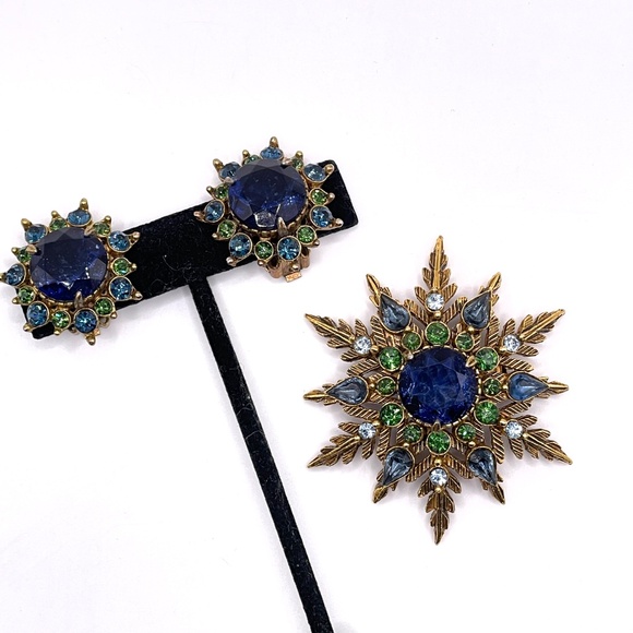 Florenza Signed Vintage Blue Green Textured Gold Tone Pin Brooch Earrings Set - Picture 1 of 9